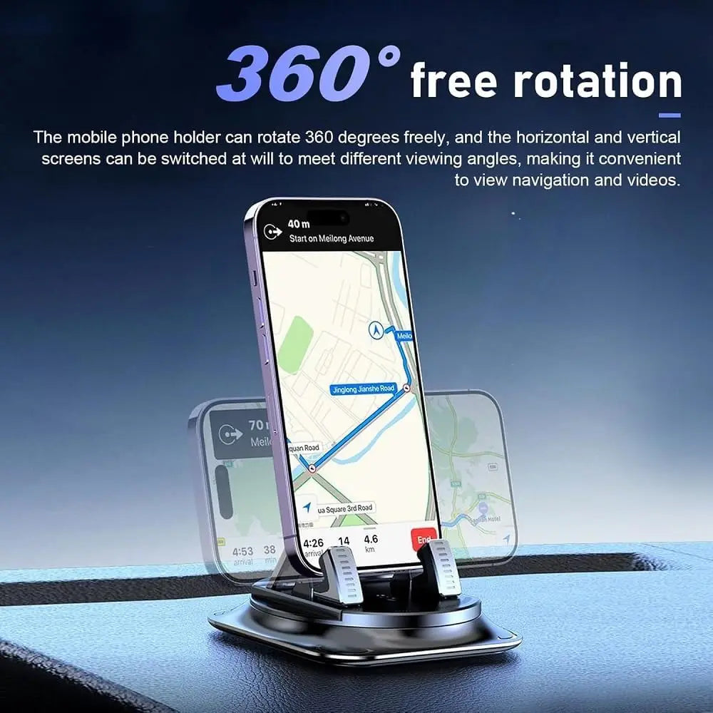 Sujetador para móvil con rotación libre de 360 grados montado en el tablero, mostrando su capacidad para ajustar