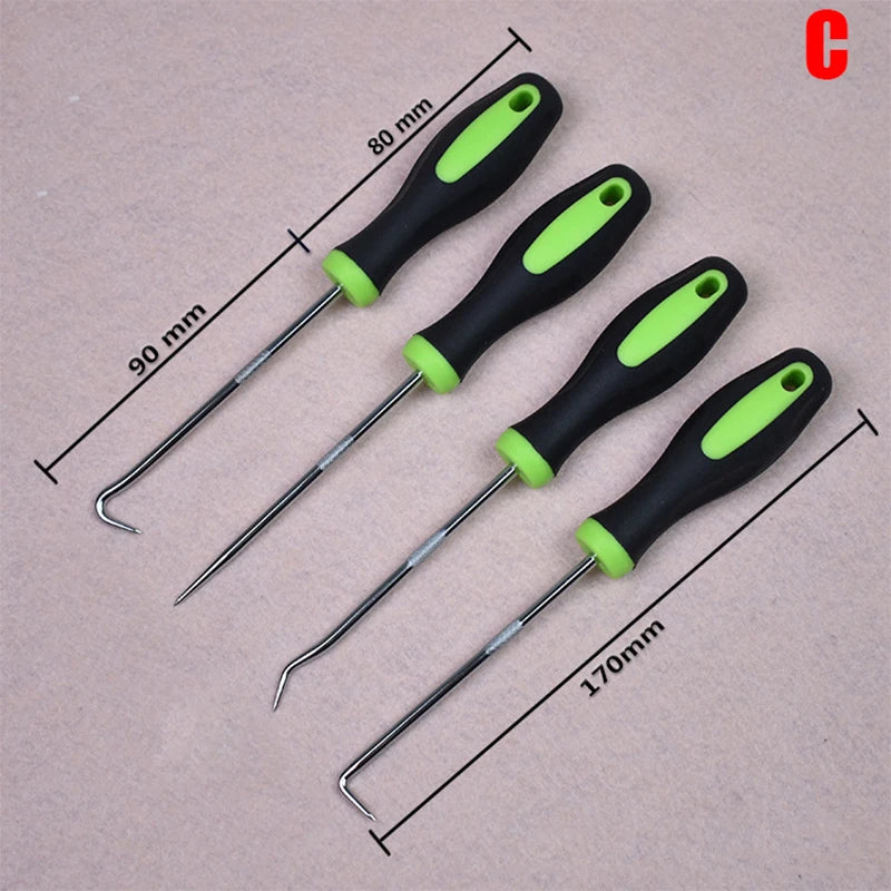 A set of multi-angle car repair hooks with varying lengths and green handles displayed on a light background.