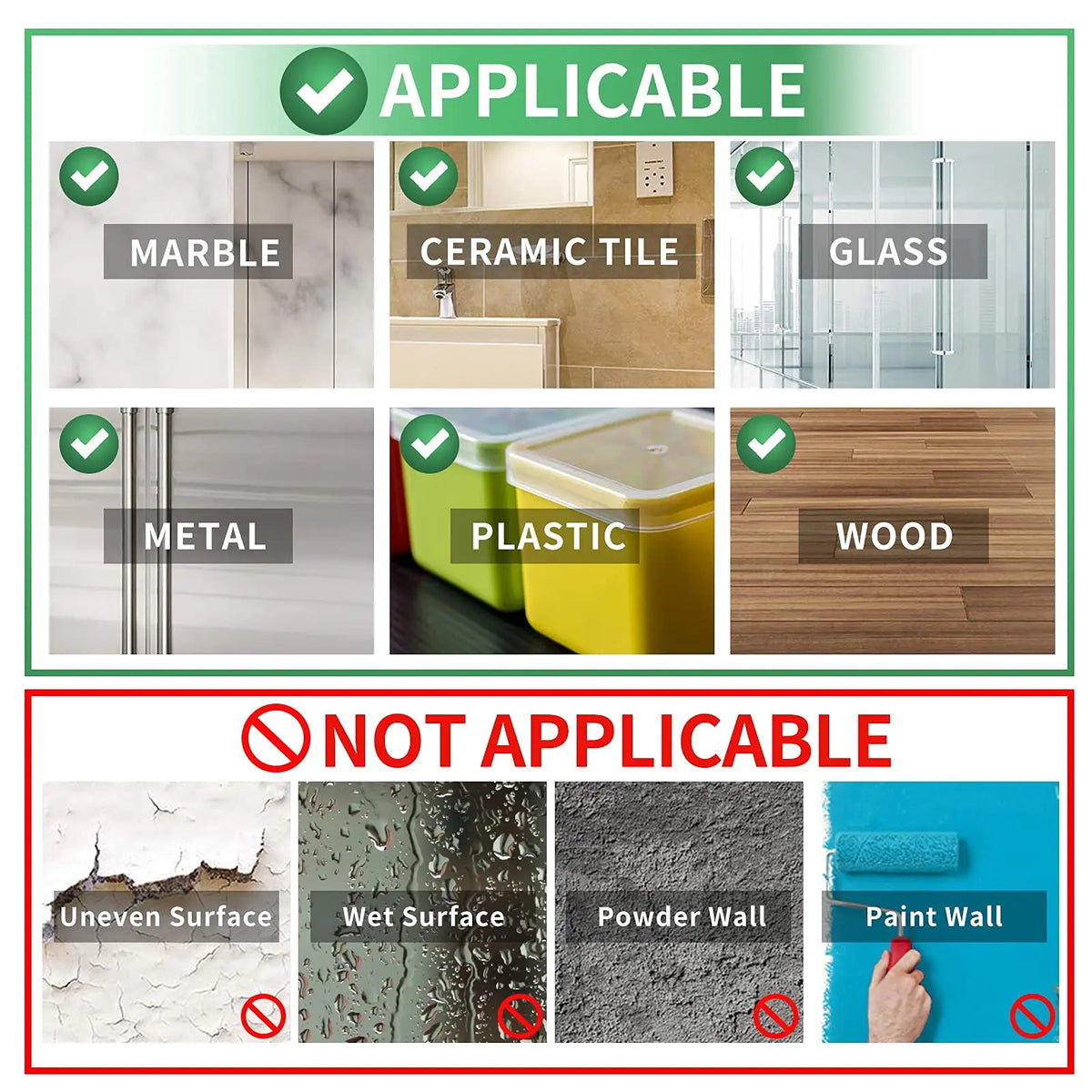 Diagram showing which surfaces are applicable for extra strong double-sided nano tape, including marble, ceramic tile, glass,