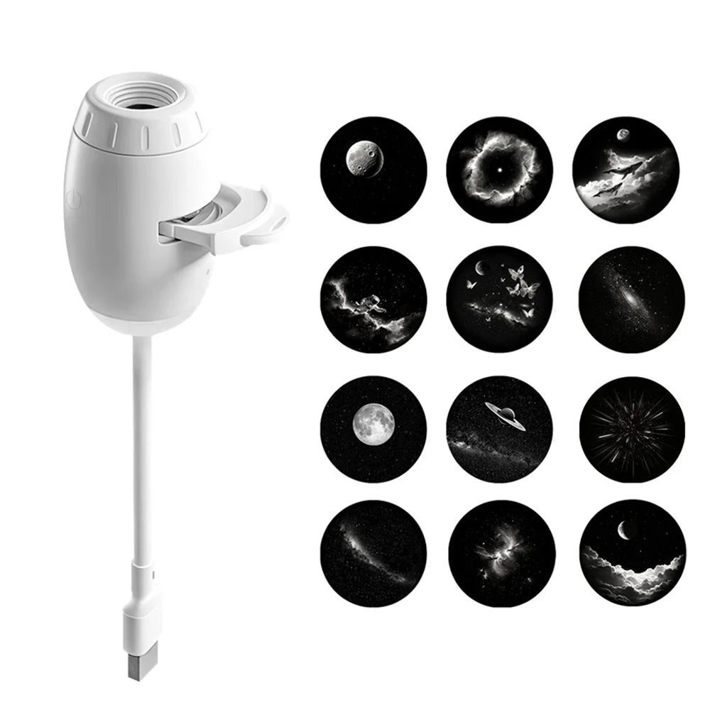 A white dual-mode USB projection lamp with a long stand and multiple circular light patterns displayed.