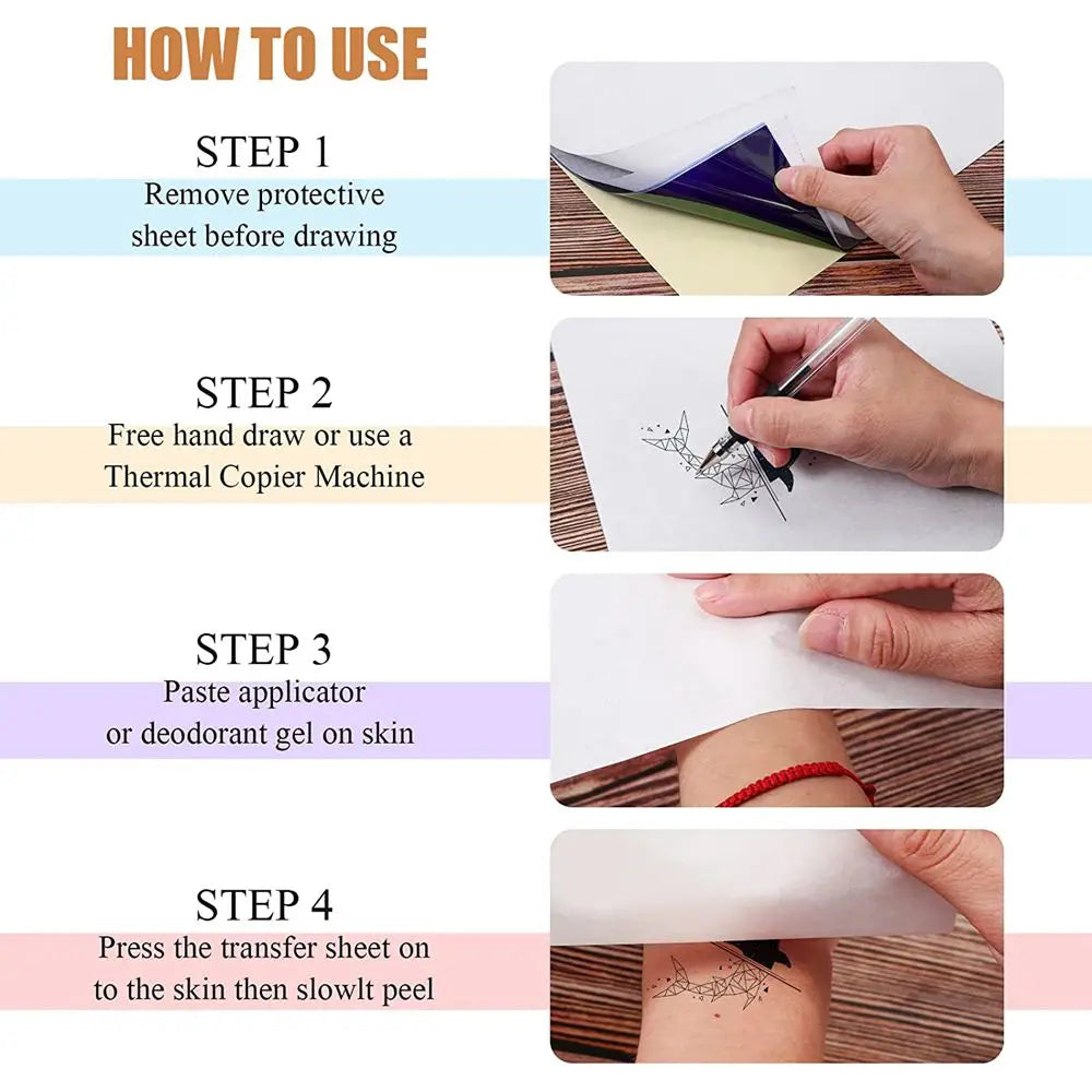 Instructions for using a professional tattoo practice skin and transfer kit, showing four steps.