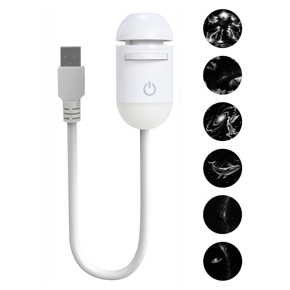 A white 2-in-1 Galaxy Star projector night light with a cord and multiple star patterns displayed on the right.