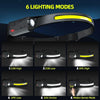A black LED headlamp is shown with six lighting modes displayed, including COB High, COB Low, XPE High, XPE Low, SOS Strobe, 
