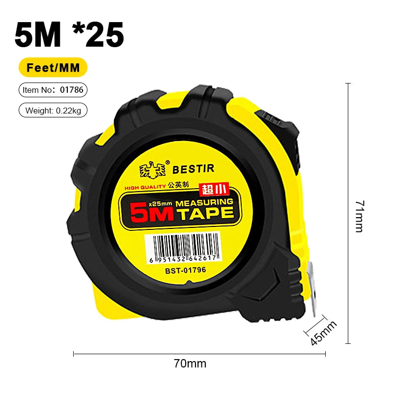 Yellow and black 5 meter measuring tape with a black casing and silver tip.