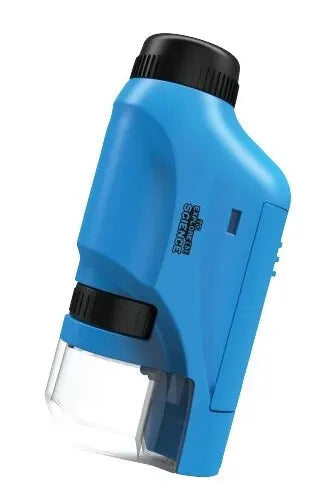 A blue handheld educational microscope with a black lens and body.