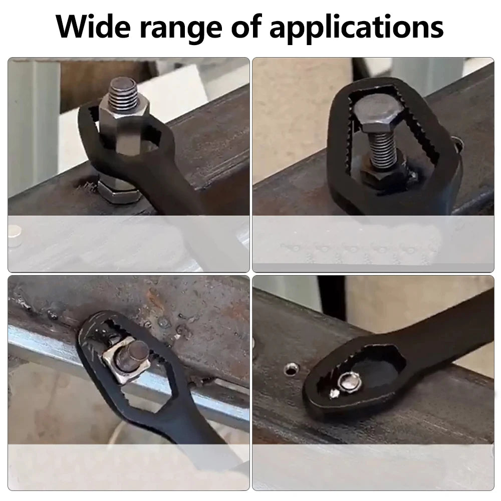Close-up images showing a universal torx wrench set being used to apply force to various screws and fasteners.