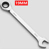 A silver 19mm universal ratchet torque wrench is shown against a light gray background.