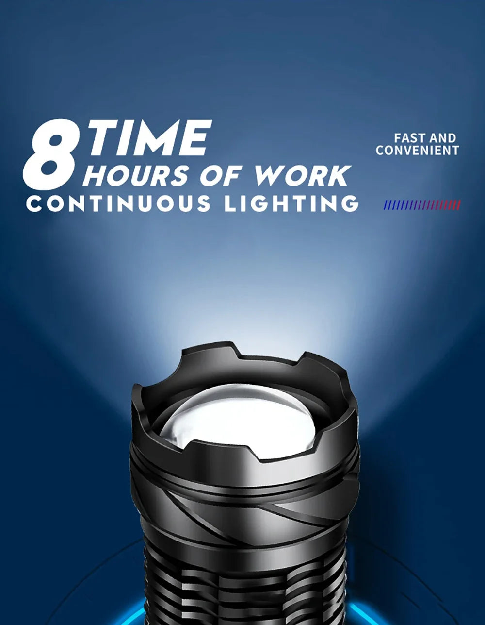 A close-up view of a black tactical flashlight with a bright white beam illuminating the surrounding area.
