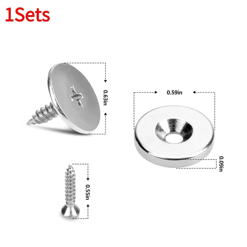A set of invisible magnetic door latches, including a flat disc and a screw-in latch.