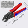 A red and black precision crimping pliers model SN-58B shown with dimensions and crimping range specifications.