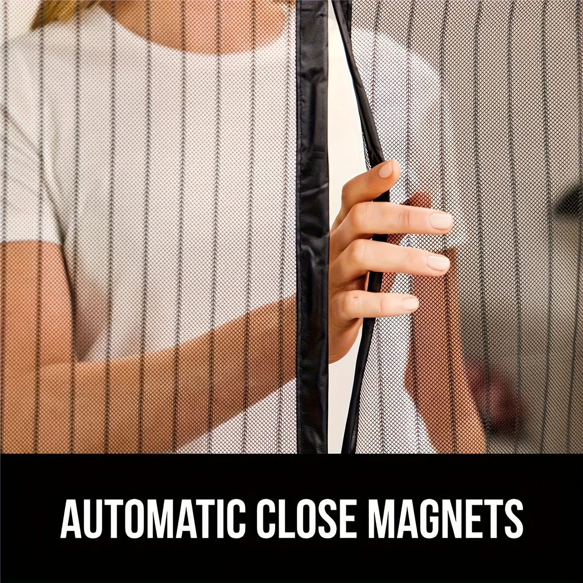 A hand is shown interacting with a modern magnetic screen door, demonstrating automatic close magnets for insect protection.