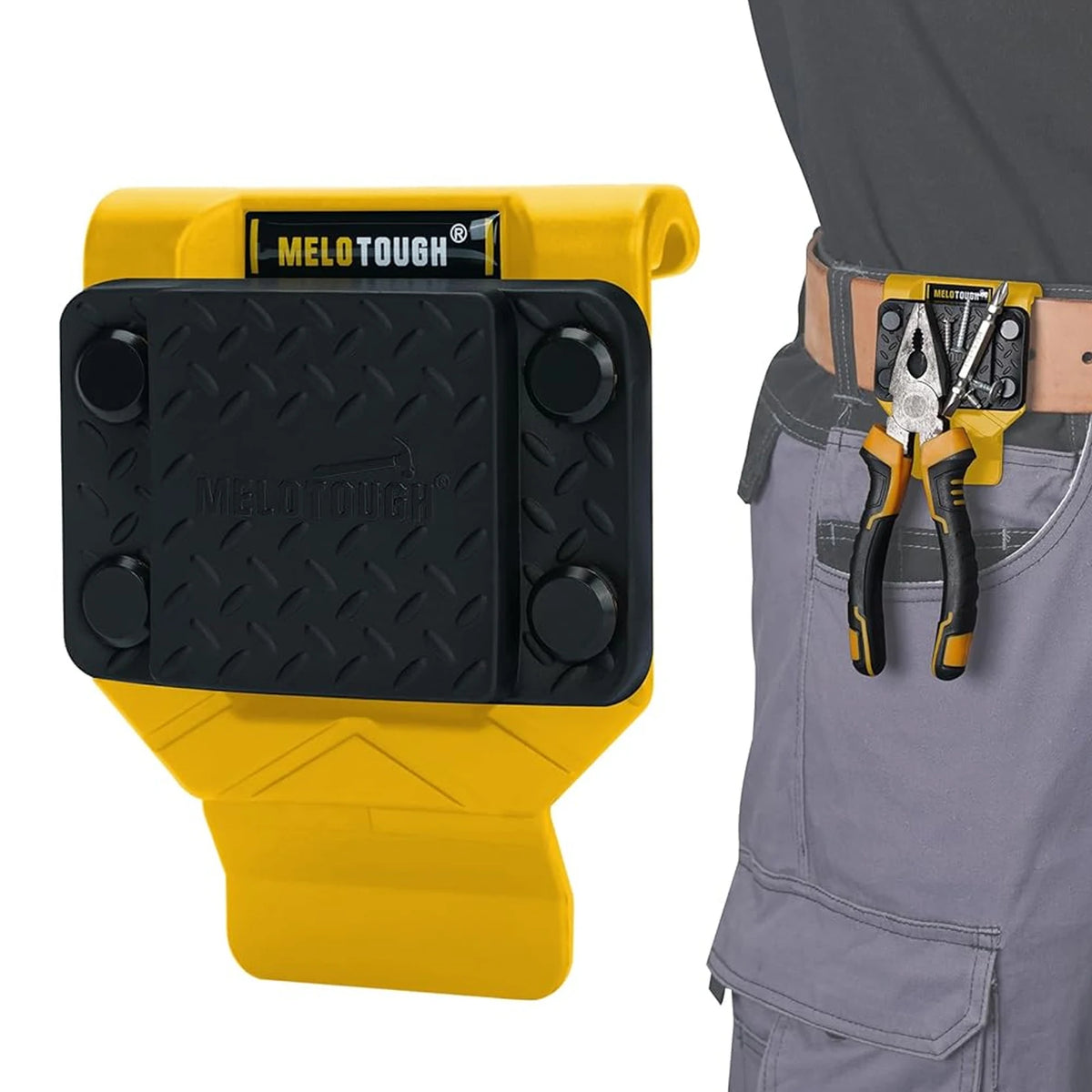 Gelbes magnetisches Werkzeughaltergurtclip mit schwarzem Halter an einer grauen Stofftasche.