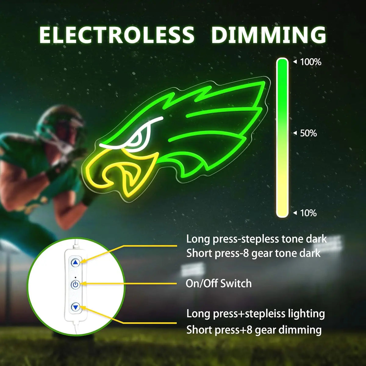 A neon sign displaying a green eagle silhouette with an accompanying slider showing dimming levels.
