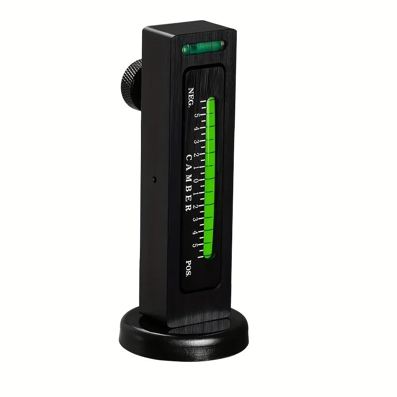 Herramienta ajustable para alineación de ruedas negra con escala indicadora verde y perilla de ajuste circular.