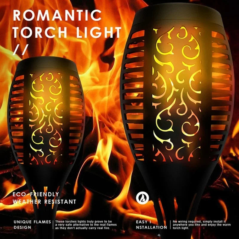 A black torch light with a decorative flame design is shown against a background of bright orange and yellow flames.