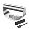 Manual stainless steel garlic and ginger press with a handle and a presser tool