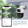 Weiße Kuppel-Sicherheitskamera neben einem Smartphone mit Live-Video und Erkennungsfunktionen.