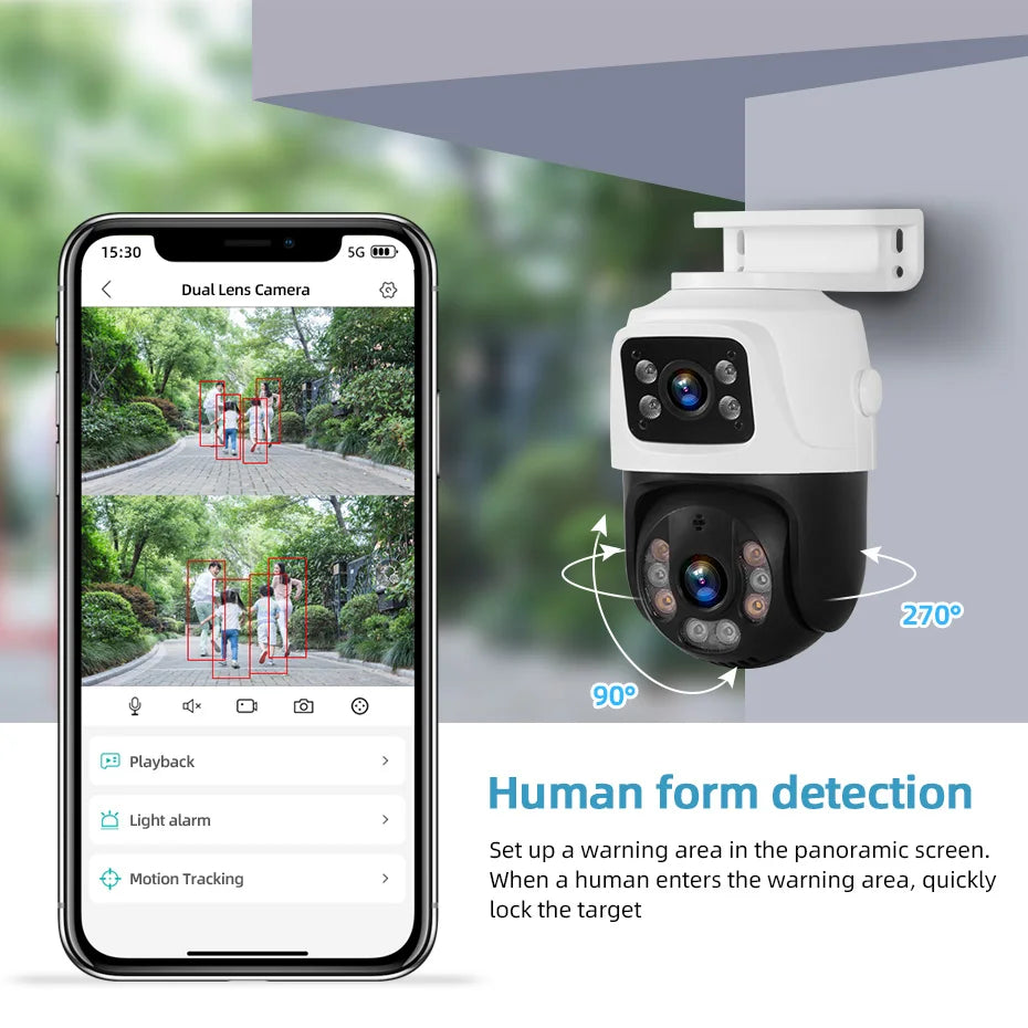 Weiße Kuppel-Sicherheitskamera neben einem Smartphone mit Live-Video und Erkennungsfunktionen.