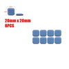 Eight blue self-adhesive furniture sliders measuring 20mm by 20mm for floor protection.