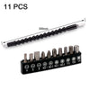 A long black drill bit extension kit with 11 pieces, including various sizes of drill bits and a handle.
