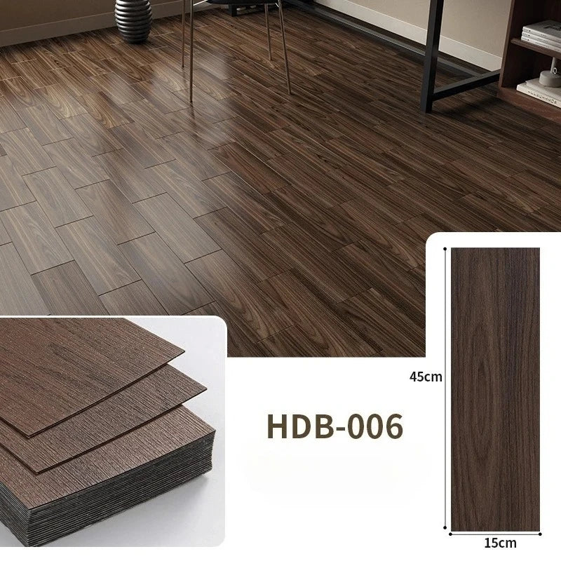 Close-up view of dark brown wood grain floor tiles, showing texture and installation dimensions.