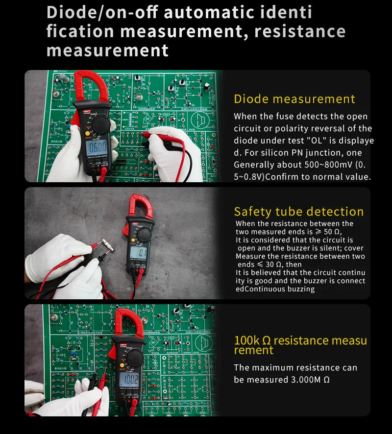 A digital clamp meter is shown measuring diode/on-off automatic identification and resistance in an electronic circuit.