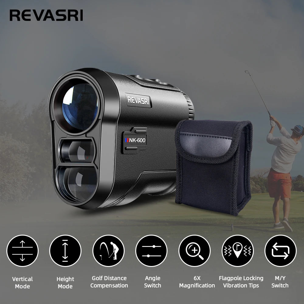 A black REVASRI laser rangefinder device shown next to its protective case with various mode options displayed below.