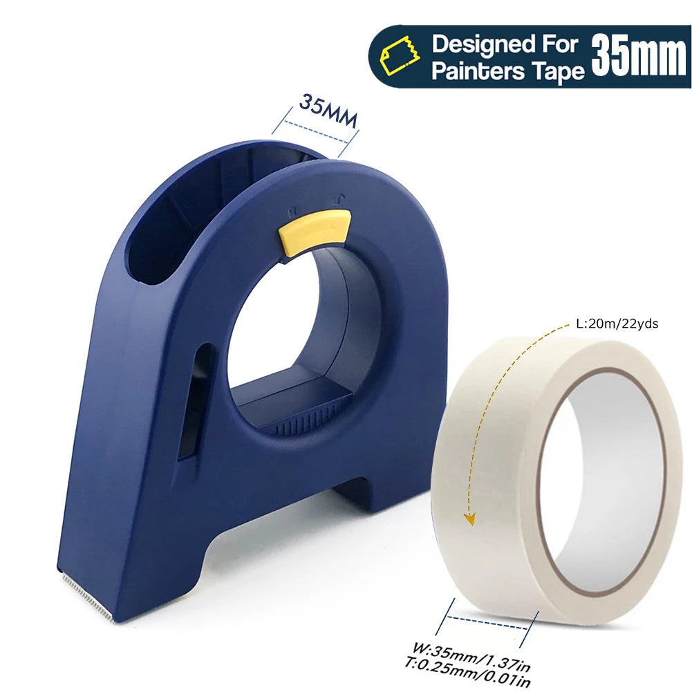 A blue precision painters tape applicator tool shown next to a roll of white painter's tape.