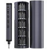A black electric precision screwdriver repair kit with a vertical storage case and a cylindrical body.