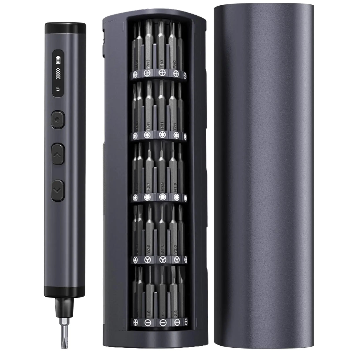 A black electric precision screwdriver repair kit with a vertical storage case and a cylindrical body.