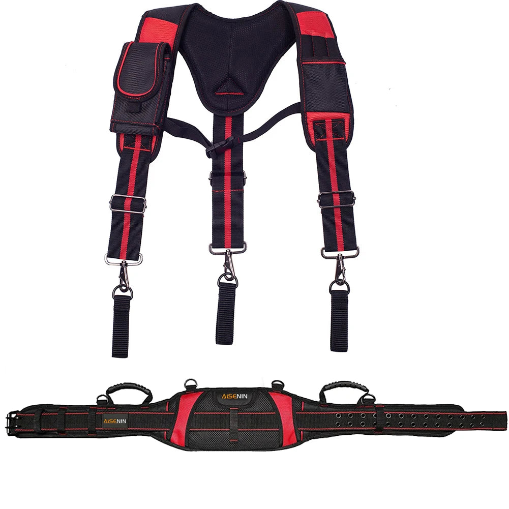 Black and red adjustable tool belt suspenders with pouch bag