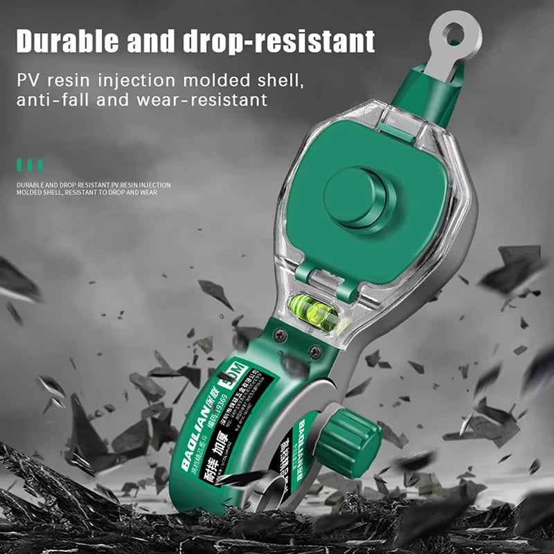 A green PV resin injection molded tool designed to be durable and drop-resistant, shown against a background of scattered woo