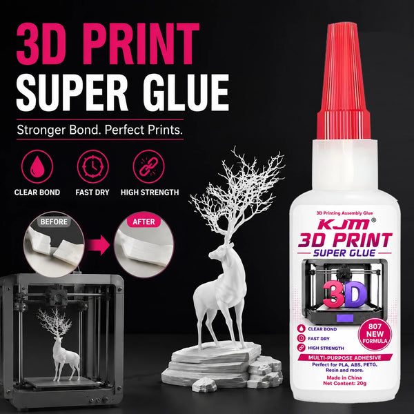 Botella de pegamento super para impresión 3D KJM con tapa roja y demostración de unión clara.