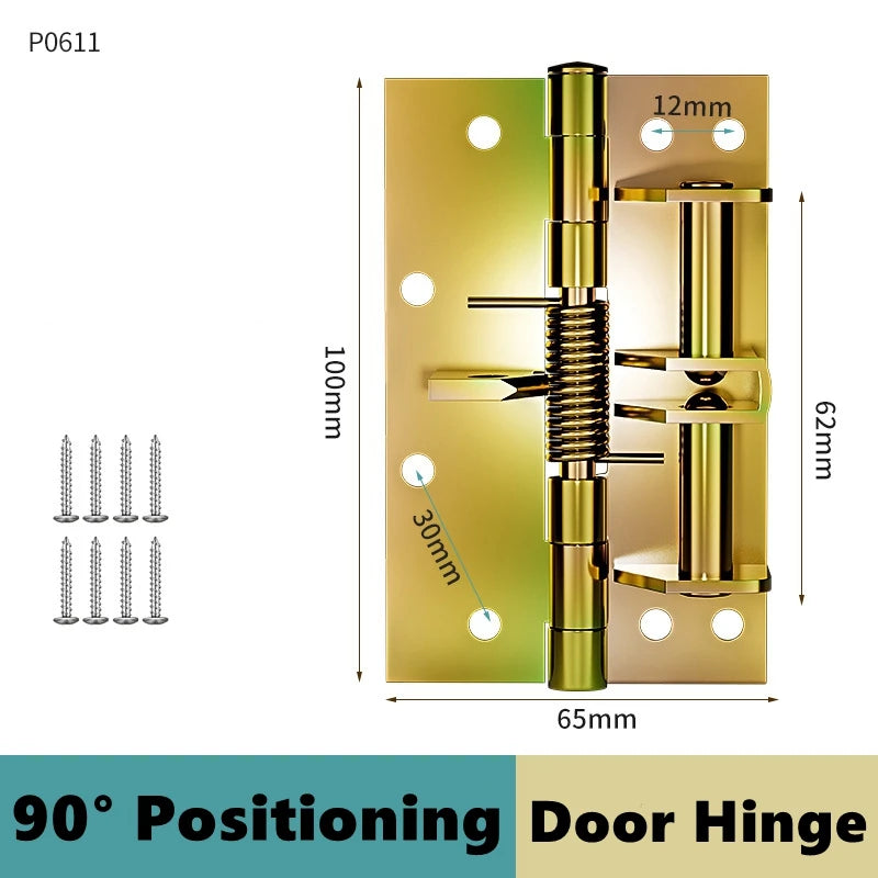 A close-up view of a 90 degree positioning door hinge in gold finish, showing its dimensions and mechanism.