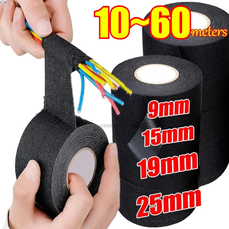 Rolls of black electrical insulating tape in various thicknesses from 9mm to 25mm