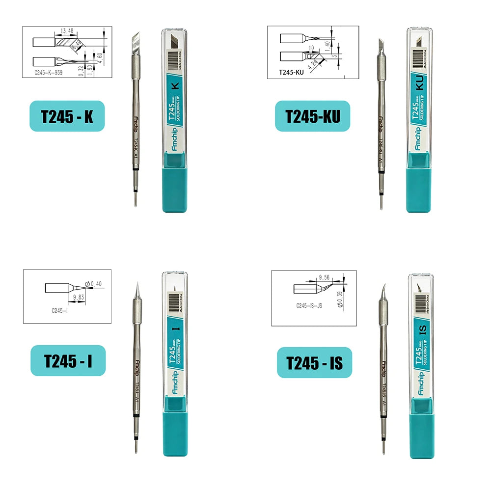 أنواع رؤوس لحام دقيقة بما في ذلك طرازات T245-K و T245-KU و T245-IS.