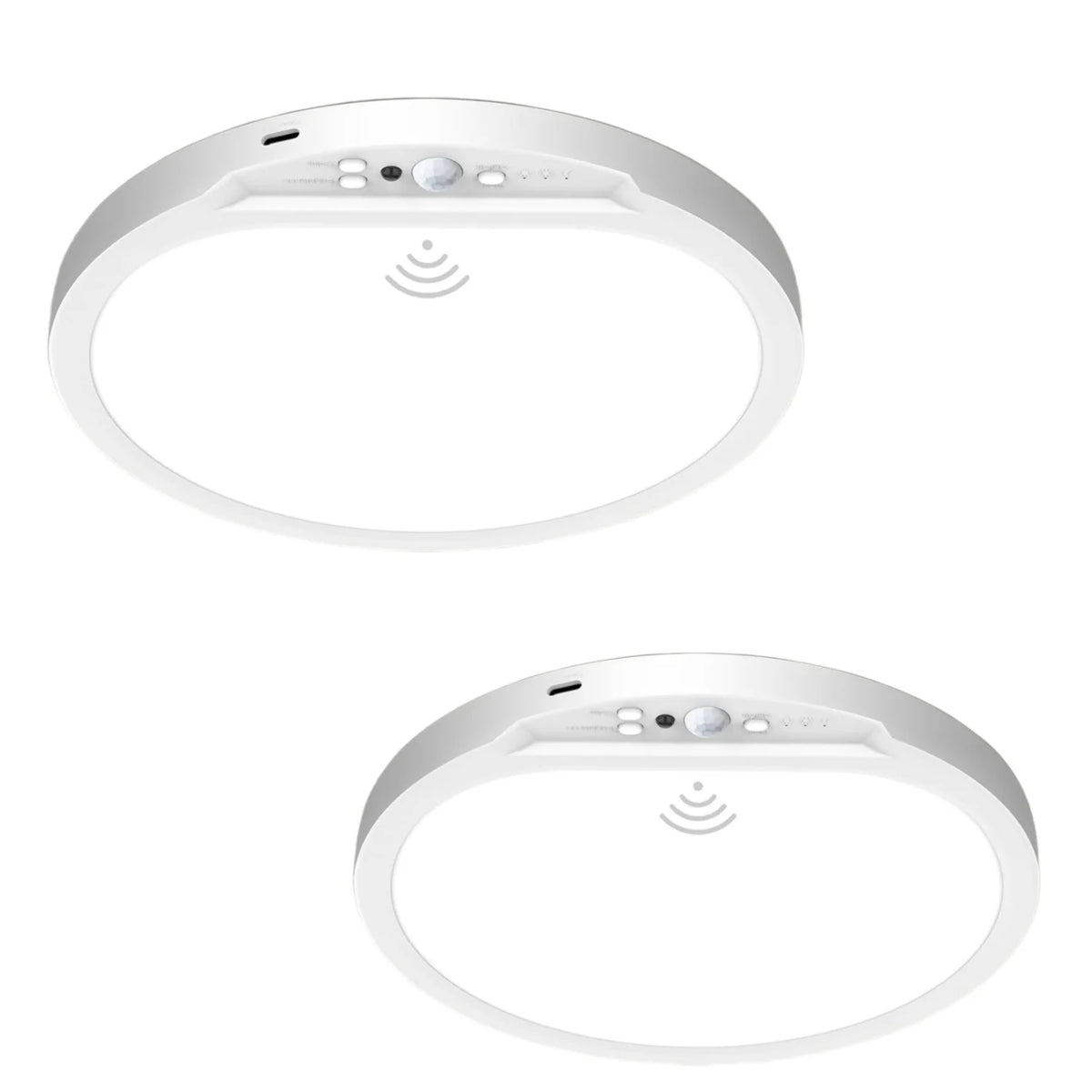 A white wireless motion sensor ceiling light fixture with a circular diffuser and a control panel on top.
