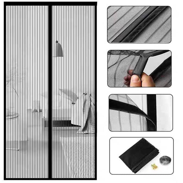 Magnetisches Türgitter für Fenster, gezeigt in verschiedenen Formen und Nahaufnahmen.