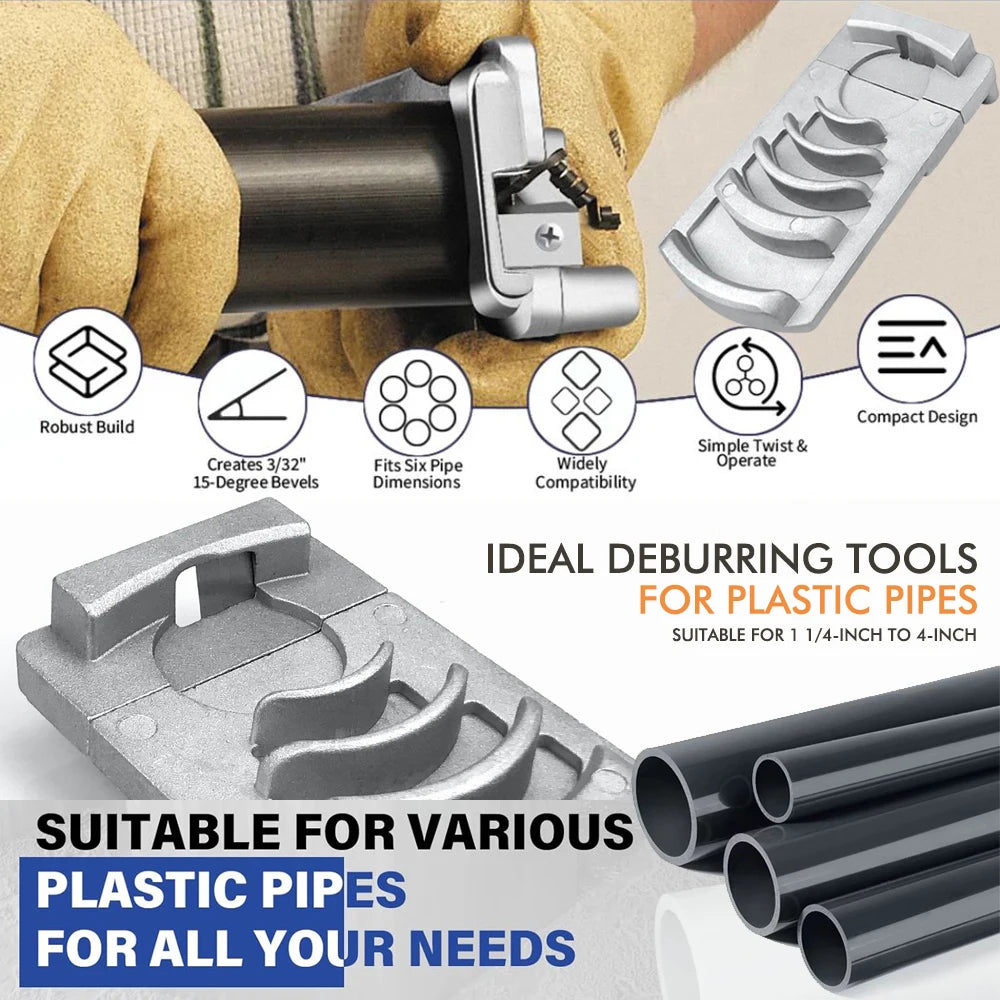 A set of metal deburring tools for plastic pipes shown being used on a pipe.