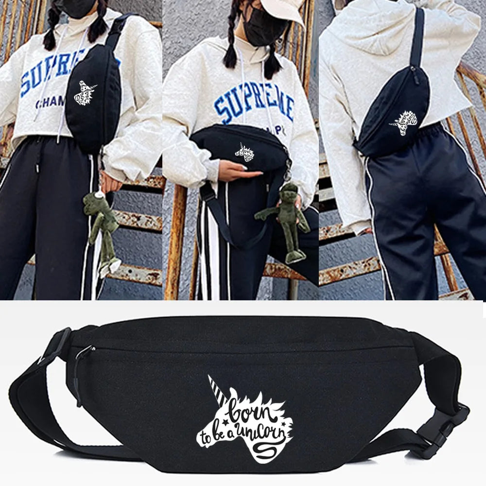A black linen crossbody waist bag featuring a silhouette of a unicorn head.