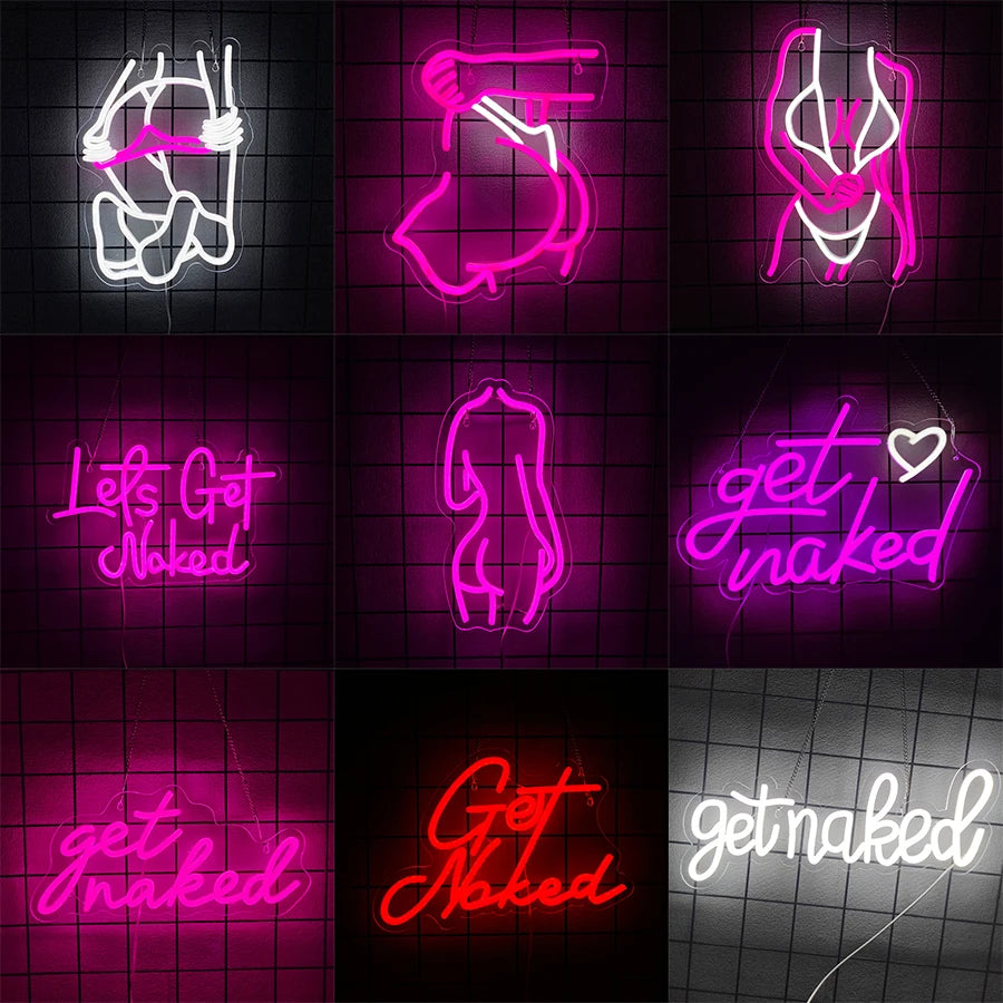 A grid of neon signs featuring various body parts and the phrase Get Naked on a dark background.