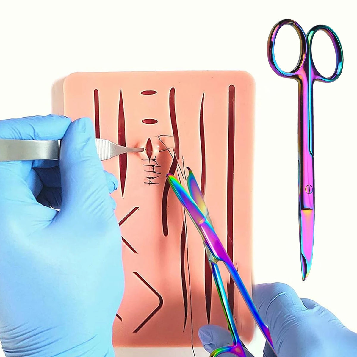 A gloved hand uses a scalpel to remove a suture from a pink surgical board next to rainbow titanium suture removal scissors.