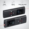 A black precision laser measuring tool is shown with various measurement options like Laser, Metric, and Cross Line Laser.