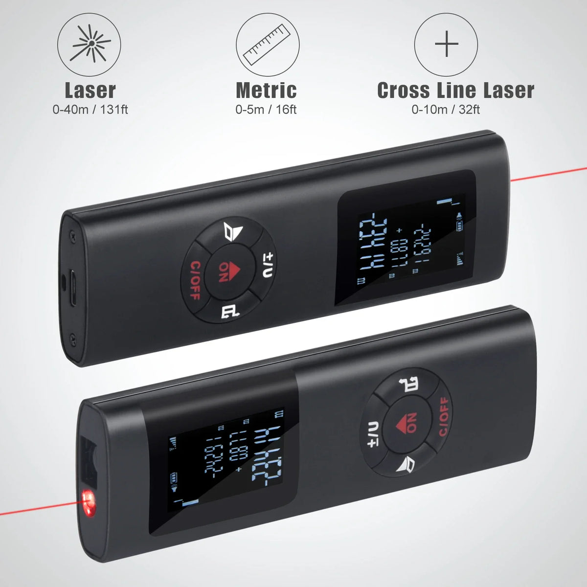 A black precision laser measuring tool is shown with various measurement options like Laser, Metric, and Cross Line Laser.