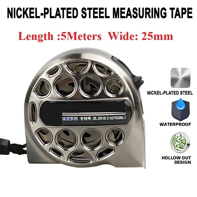 Nickel-plated steel measuring tape with 5 meters length and 25mm width