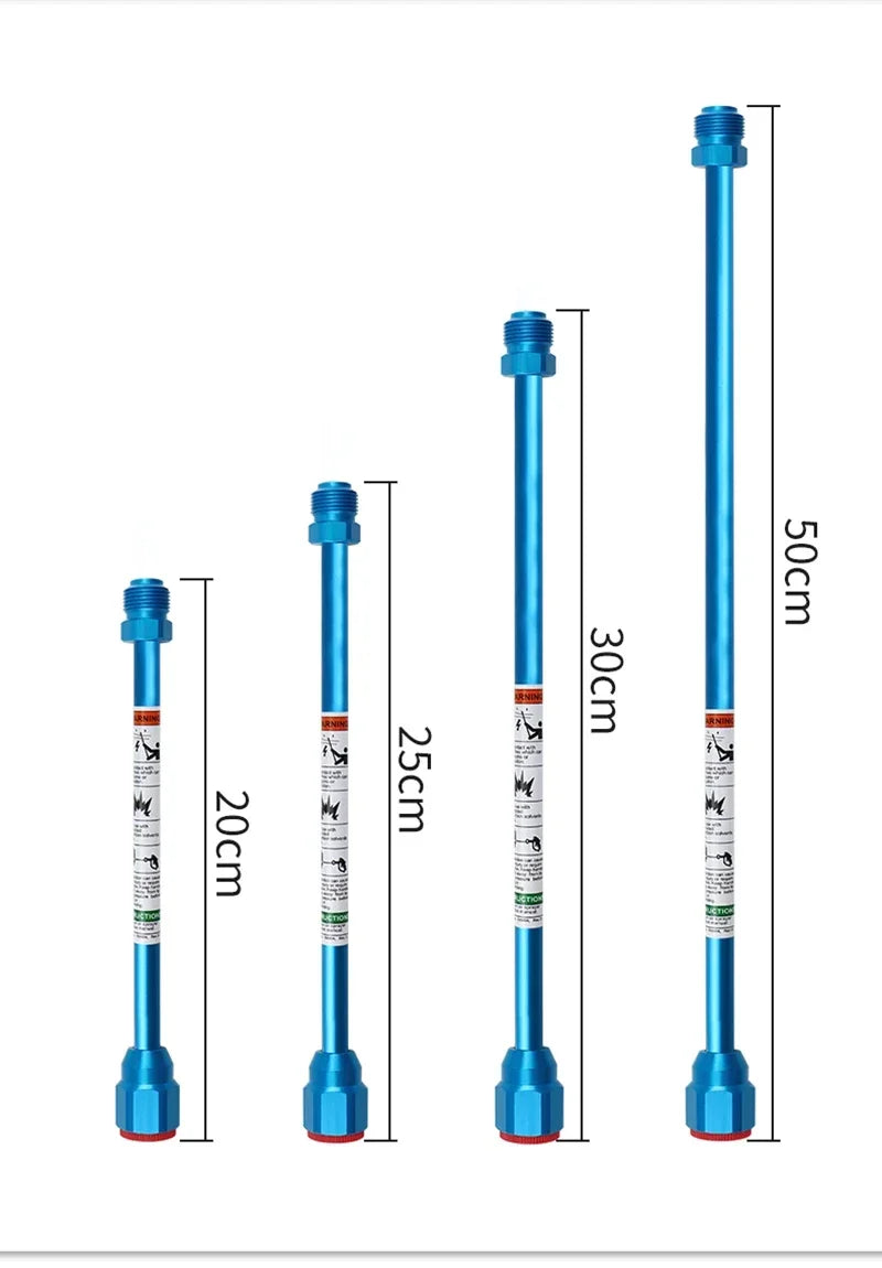 A blue professional paint sprayer gun extension rod shown with various lengths.