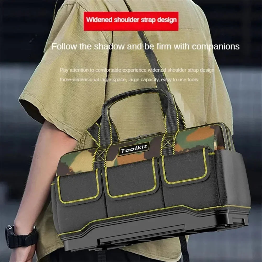 A person is holding a durable camouflage toolkit with widened shoulder straps and large capacity storage.