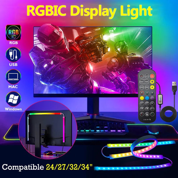 An RGBIC display light featuring LED strips illuminating a computer monitor and keyboard.
