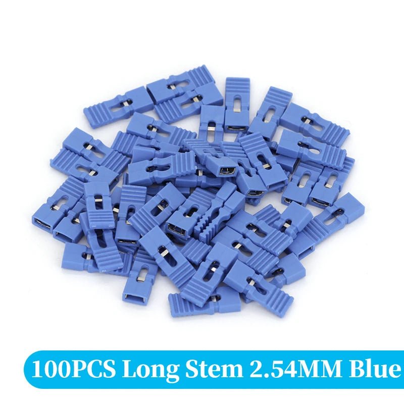 A pile of 100 blue long stem jumper cap connectors with 2.54mm pins.
