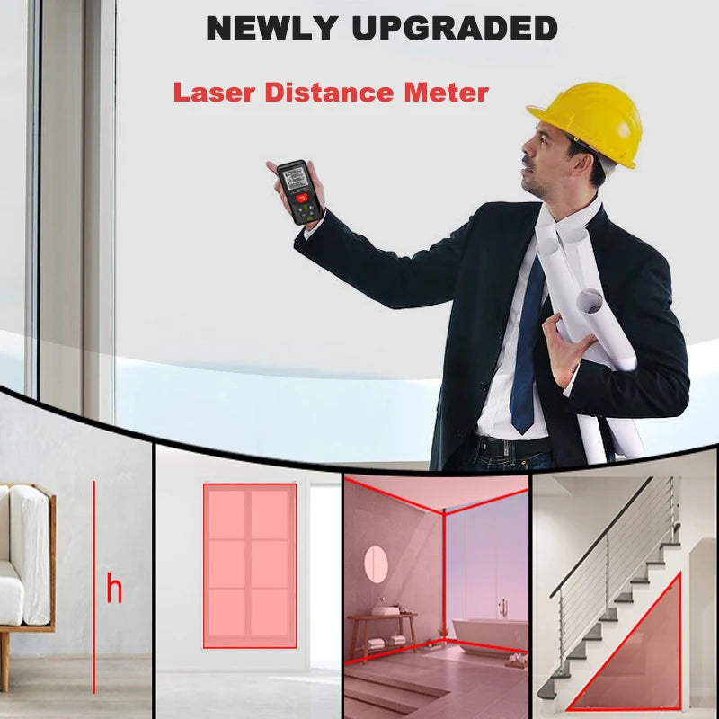 A man in a suit is using a laser distance meter to measure a room, demonstrating the tool's functionality.